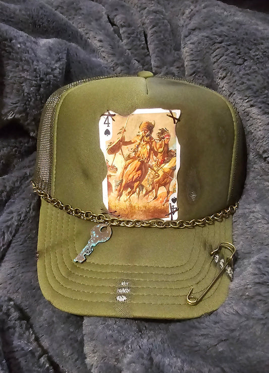 Distressed Indian Card Trucker Cap - Olive Green