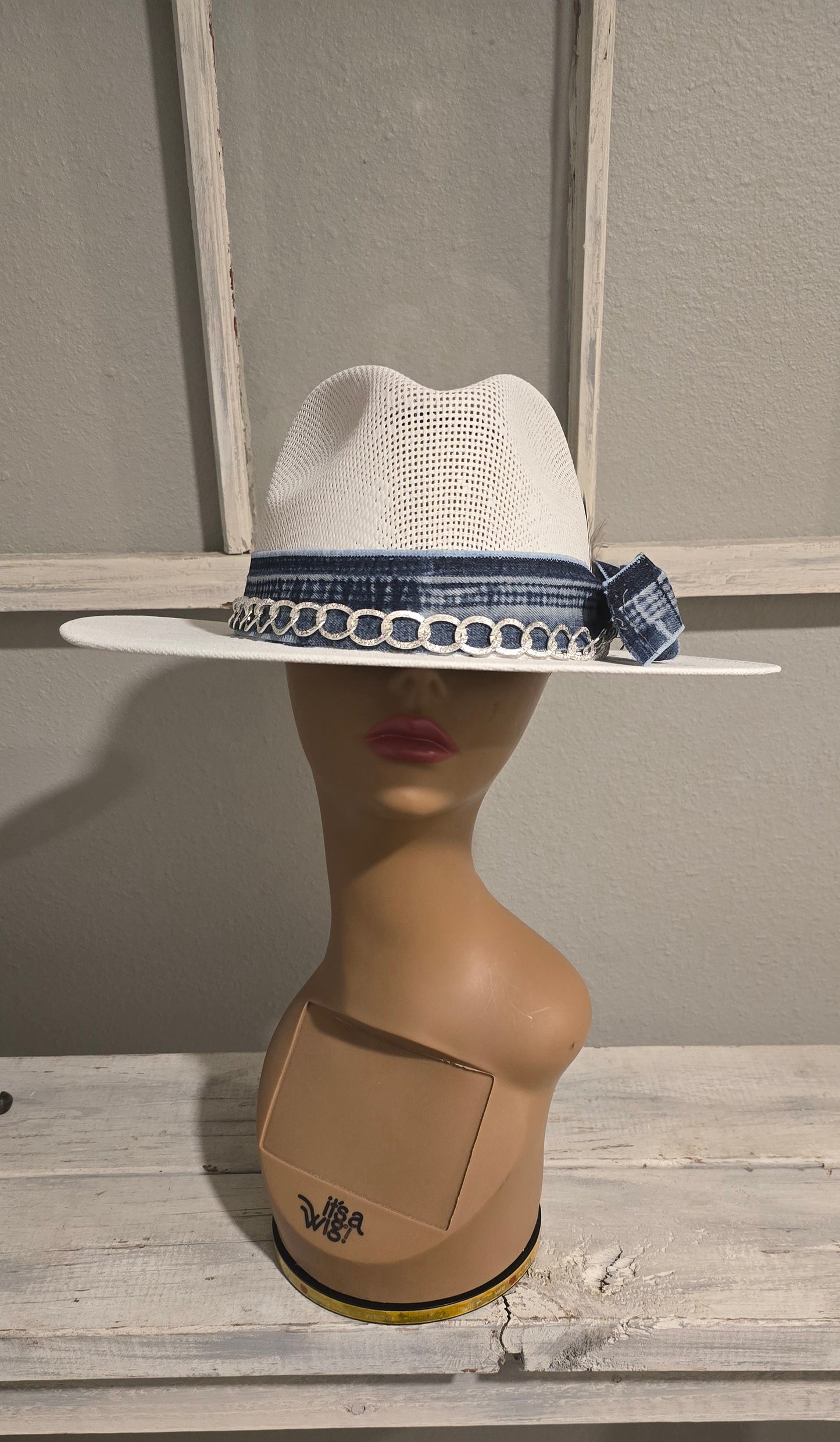 Denim & White Straw Hat