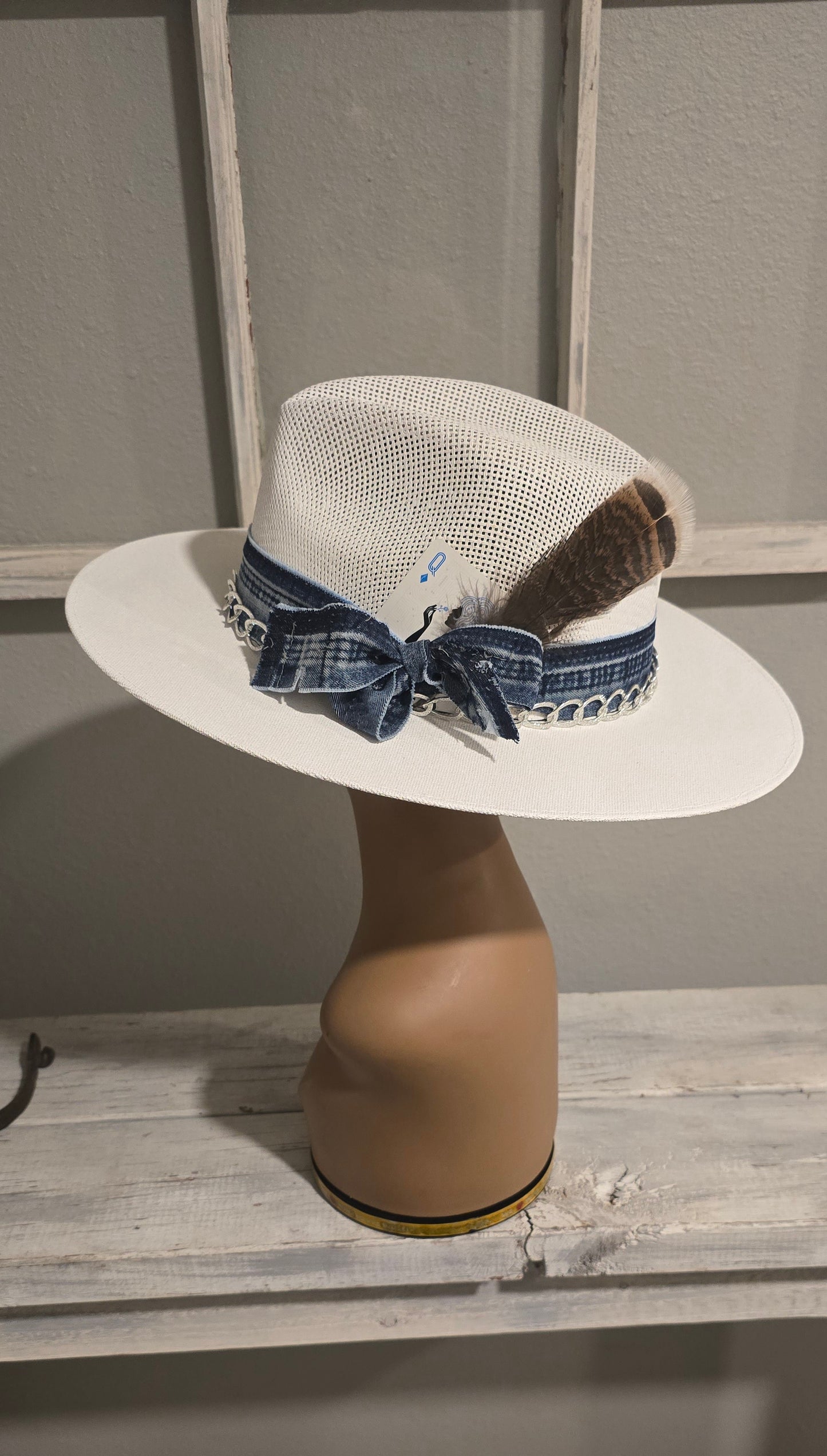 Denim & White Straw Hat