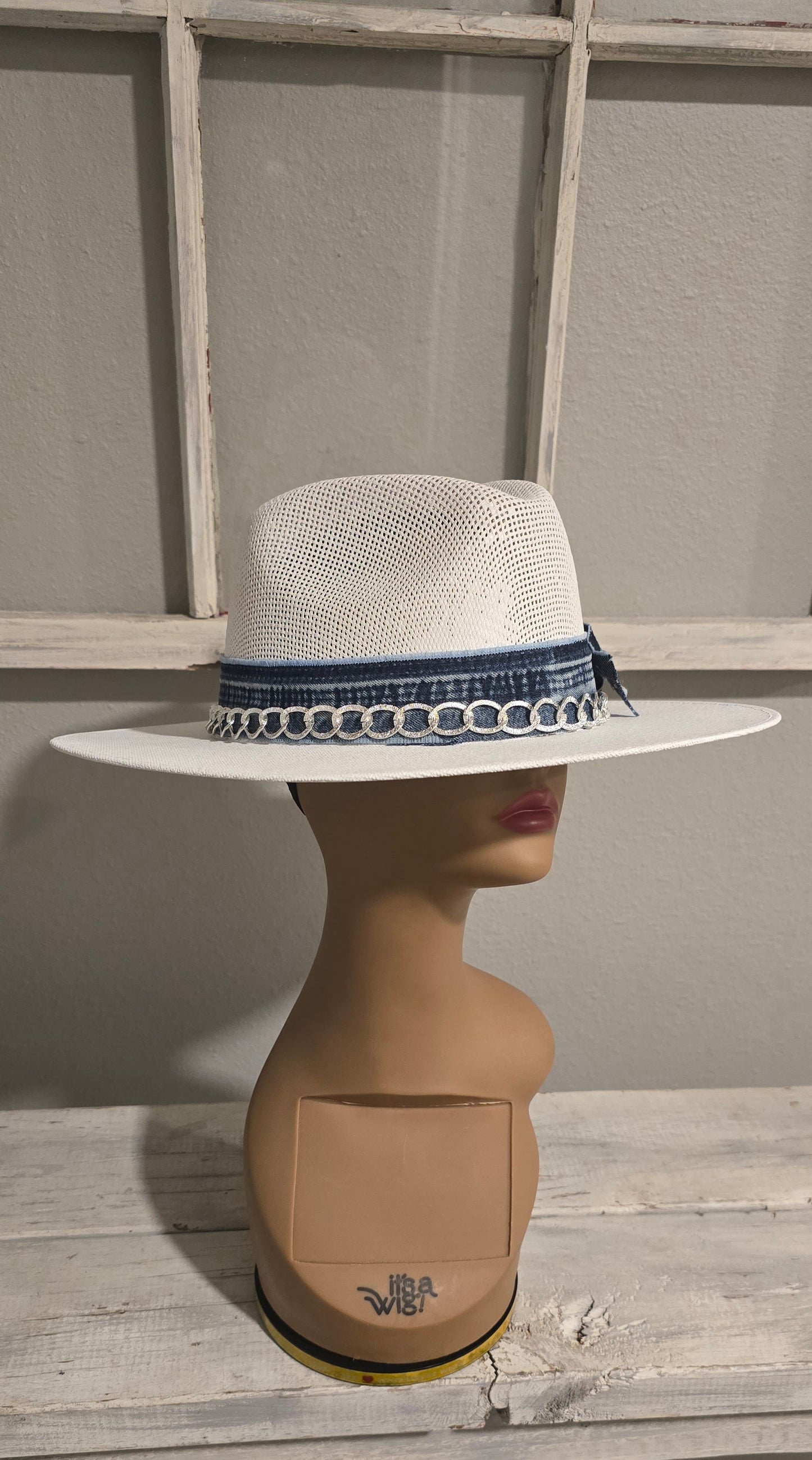 Denim & White Straw Hat