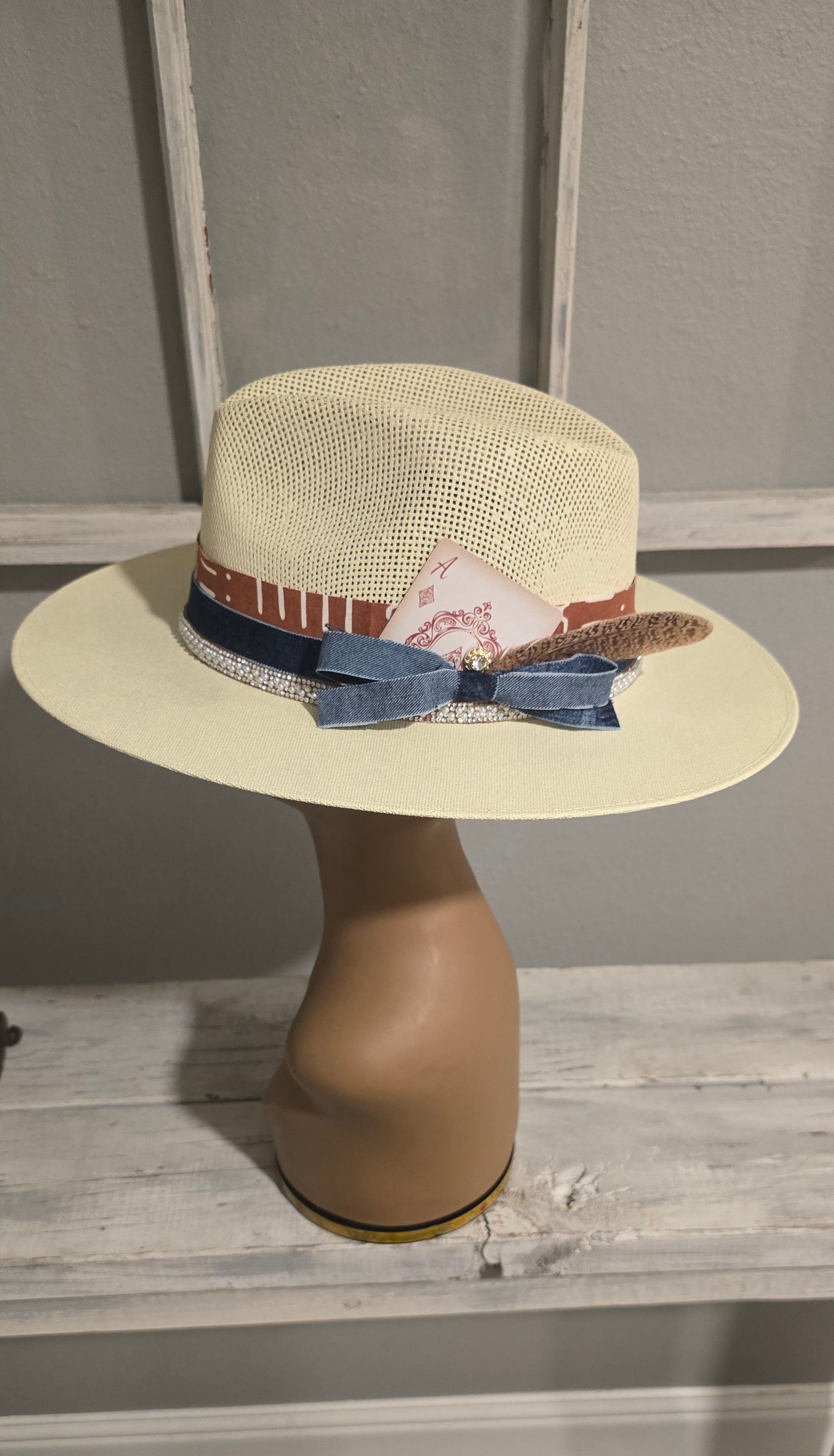 Denim & Pearls Straw Hat