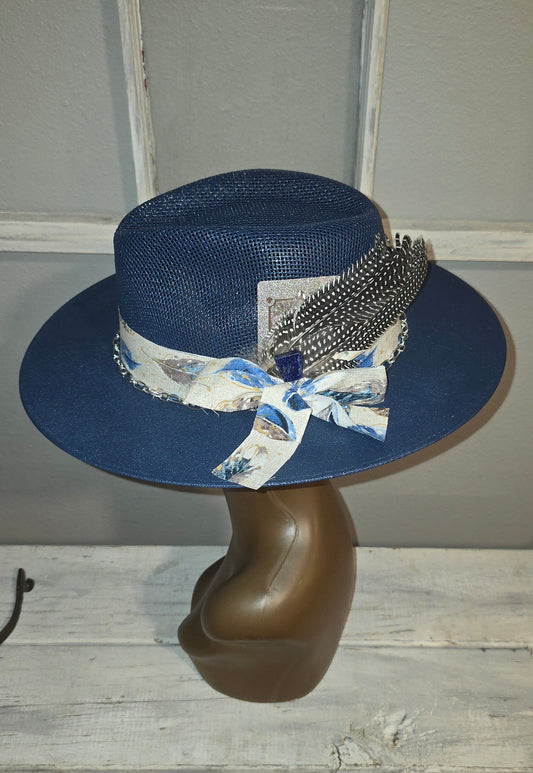 Navy Blue Straw with Feather Band