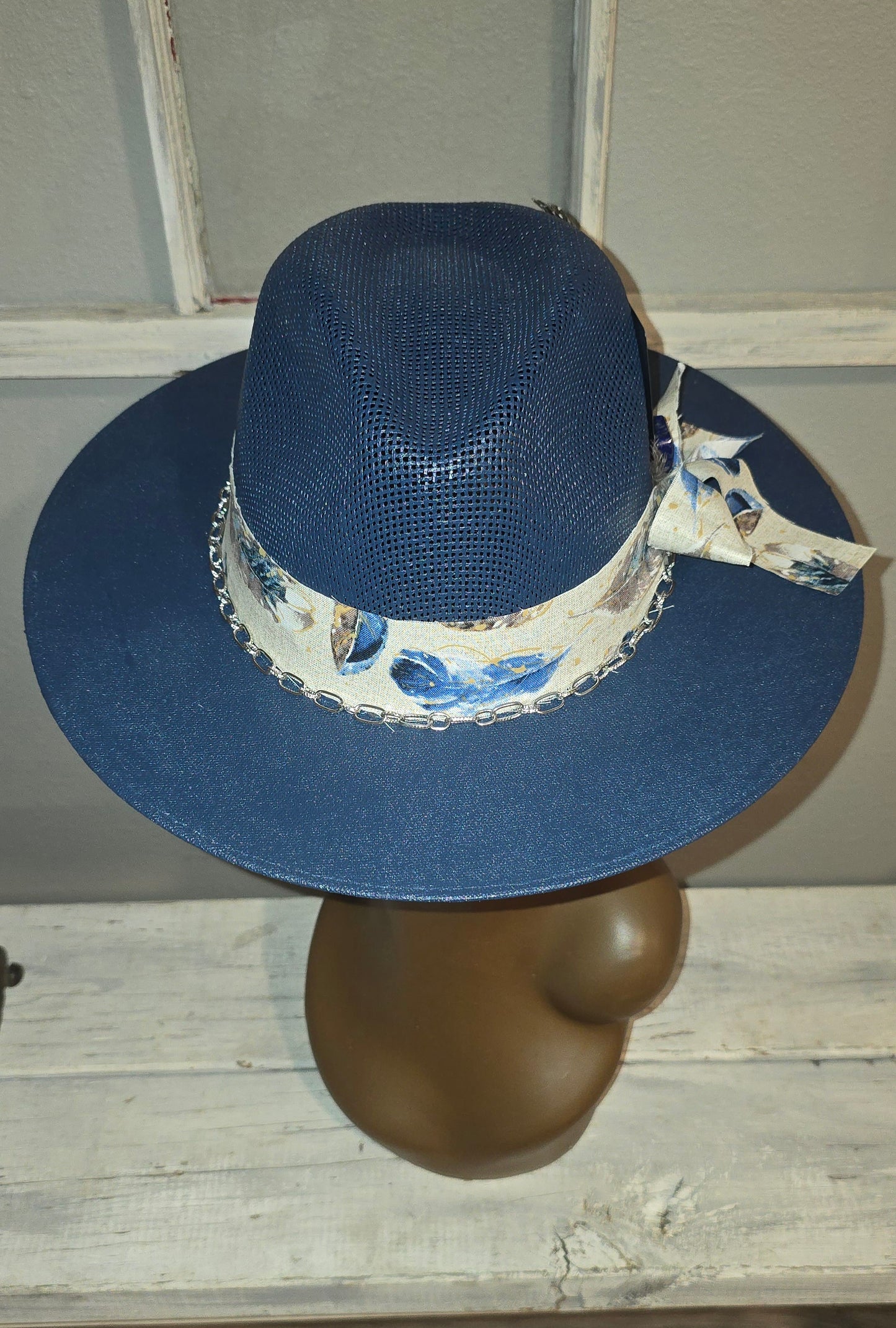 Navy Blue Straw with Feather Band