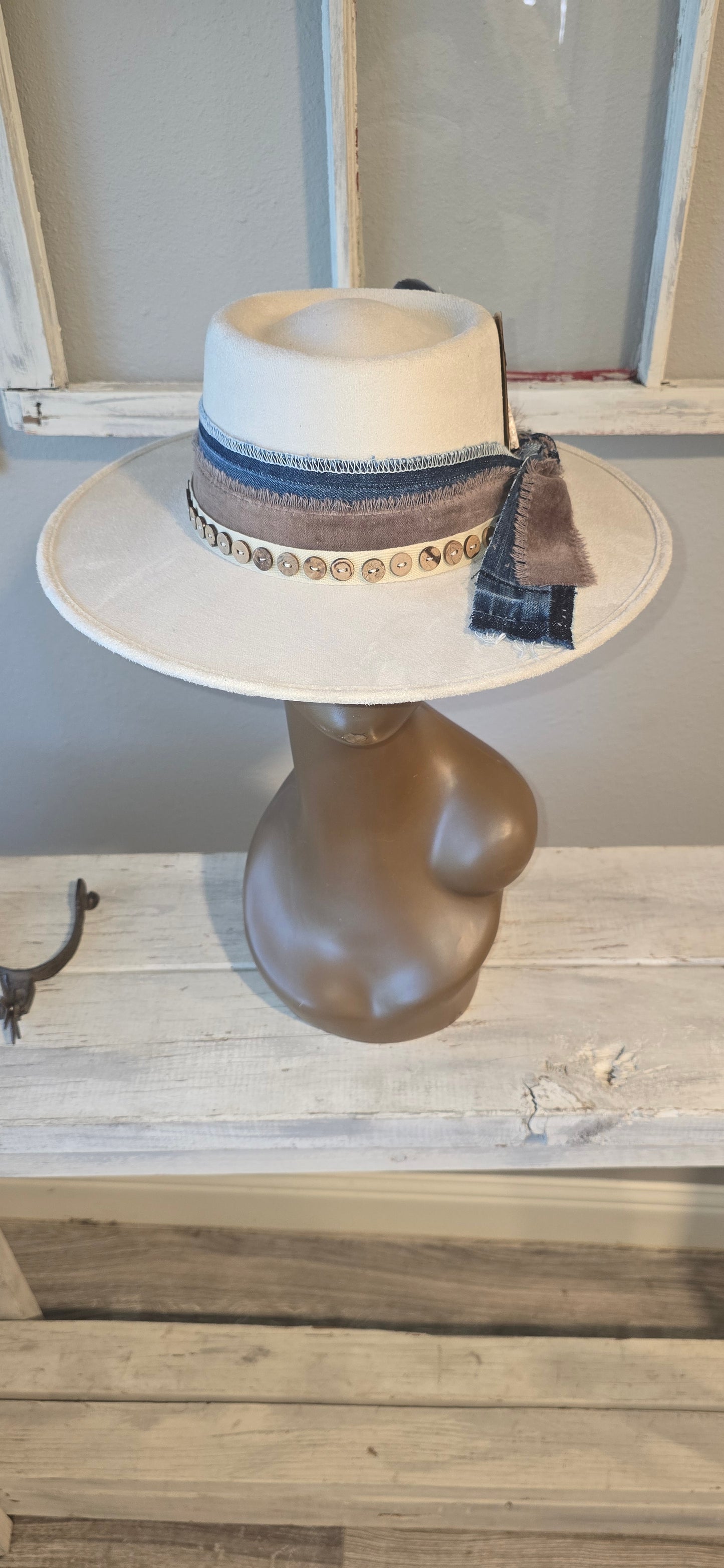 Beige Suade Hat with Brown & Denim Accents