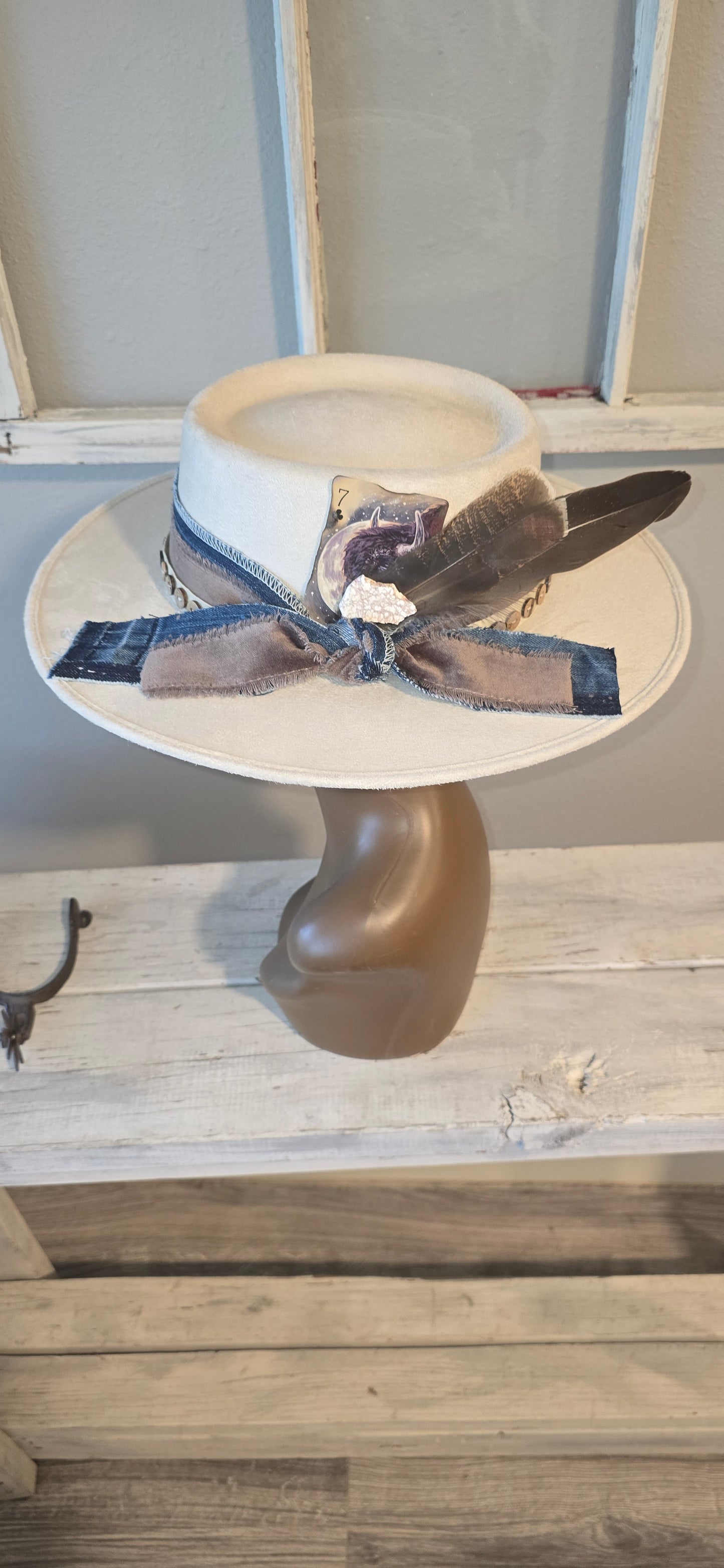 Beige Suade Hat with Brown & Denim Accents