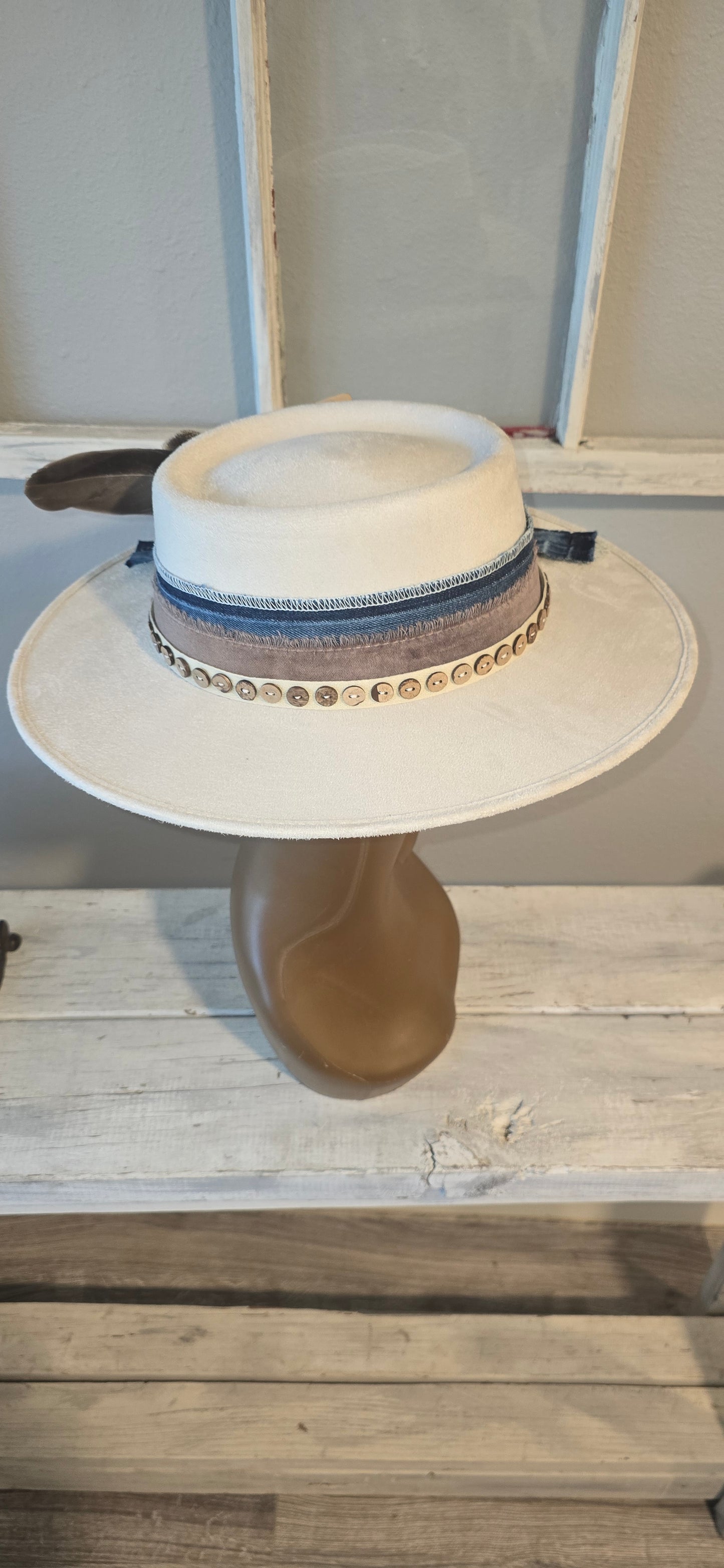 Beige Suade Hat with Brown & Denim Accents