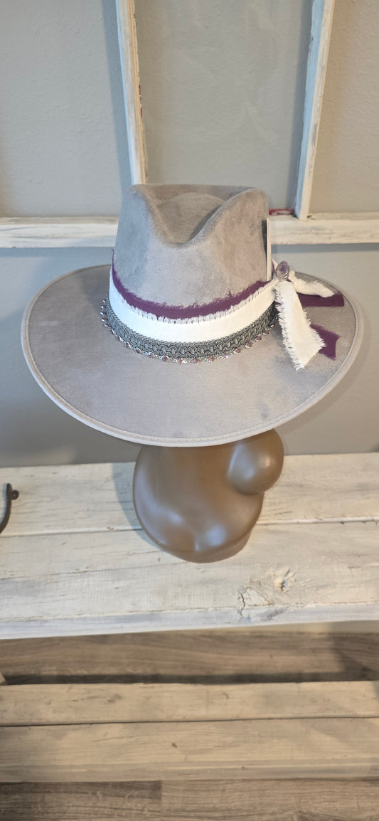 Gray Suade Hat with Purple Accents