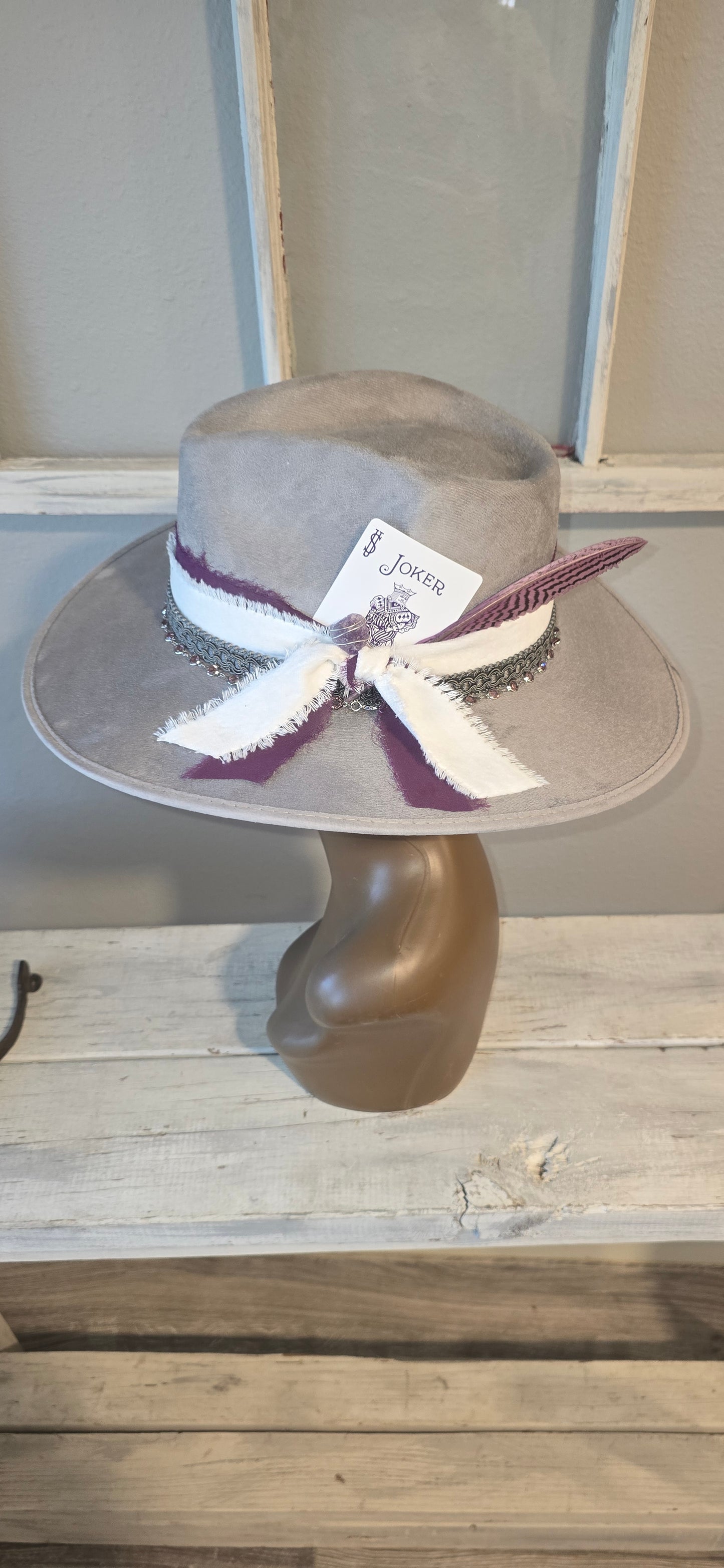 Gray Suade Hat with Purple Accents