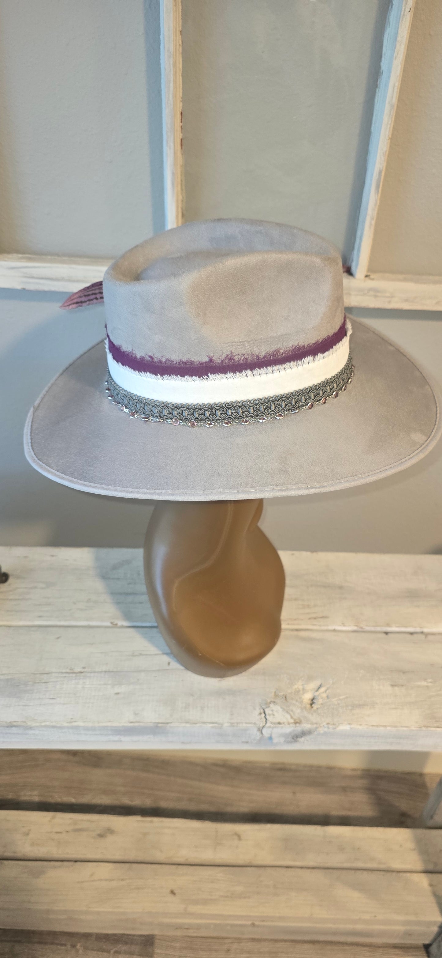 Gray Suade Hat with Purple Accents