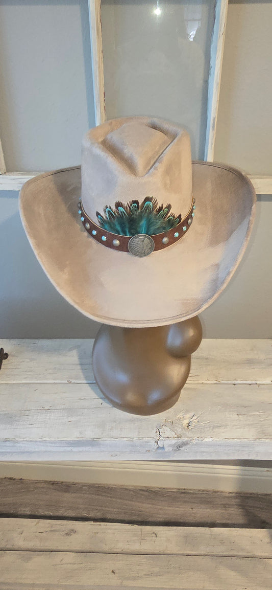 Beige Suade Western Hat with Leather & Feather Accent