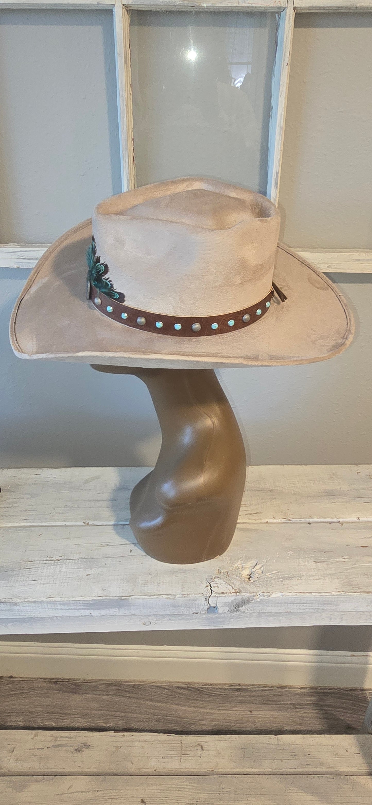 Beige Suade Western Hat with Leather & Feather Accent