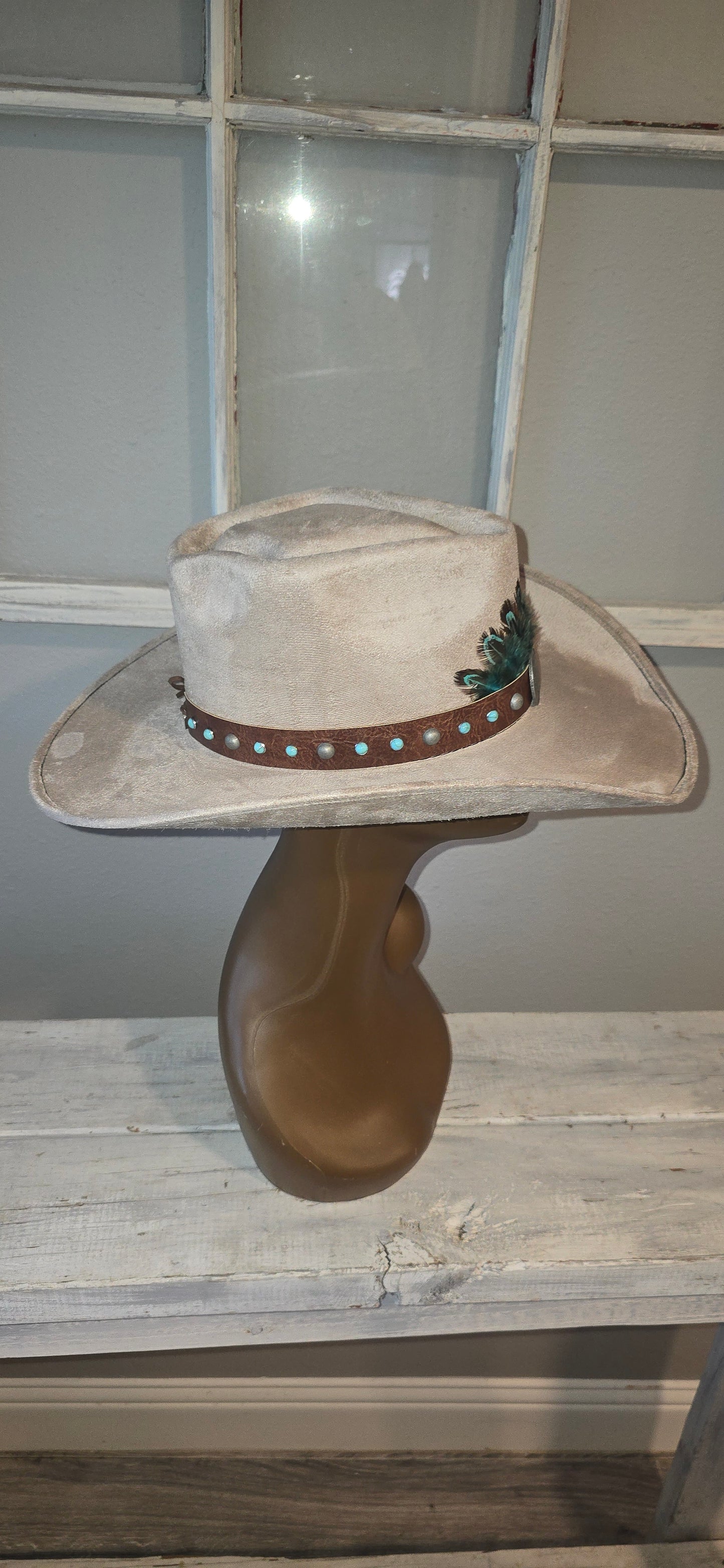 Beige Suade Western Hat with Leather & Feather Accent