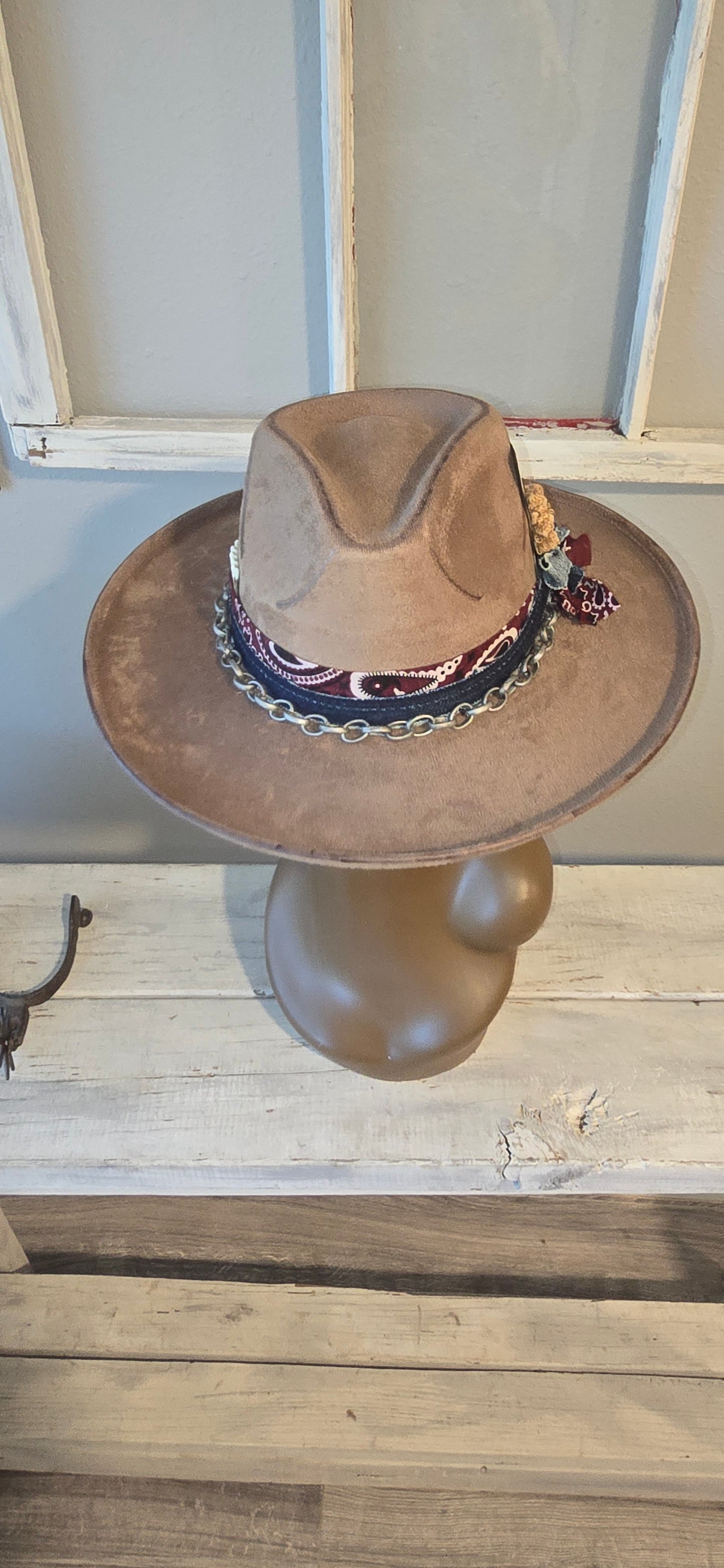 Dark Tan Pencil Brim with Burgundy Bandana