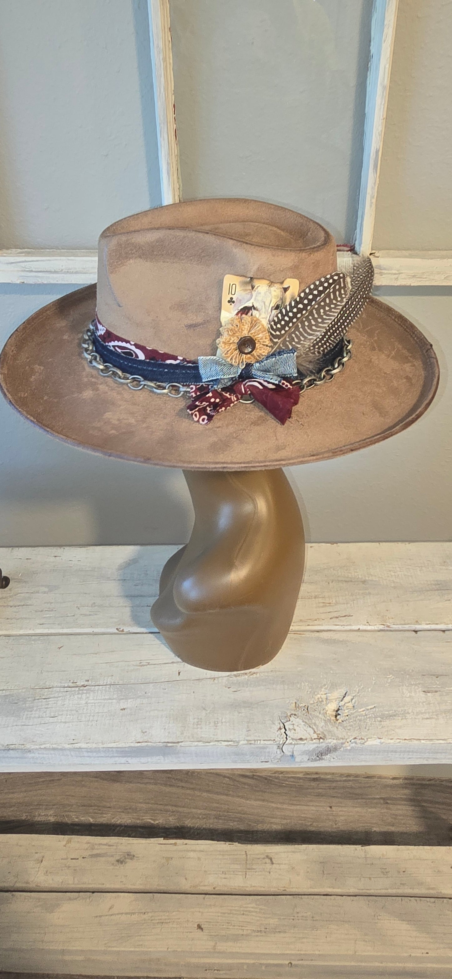 Dark Tan Pencil Brim with Burgundy Bandana